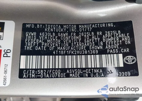 2017 Toyota Camry Le из США, поврежденный, VIN 4T1BF1FK2HU381369